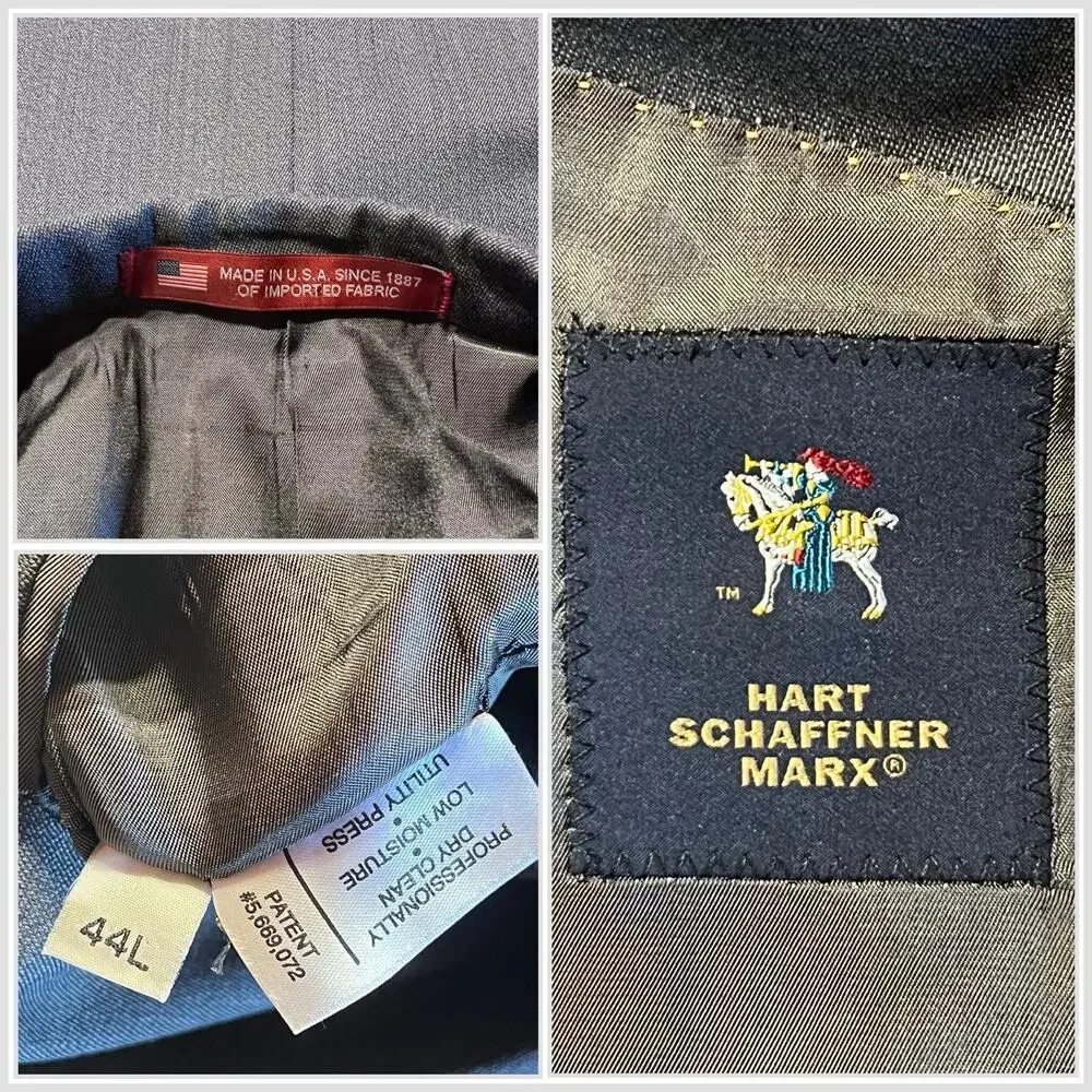 Hart Schaffner Marx 44-46L 38x29 Steel Gray Blue Traditional Suit USA
